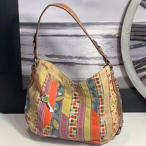 Fossil Multicolor Patchwork Fabric Bohemian Hobo Shoulder Handbag Purse